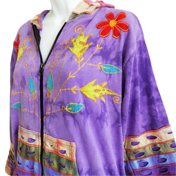 Rising International Purple Tie Die Floral Embroidery Hoodie Jacket Zip Pockets - Picture 3 of 5